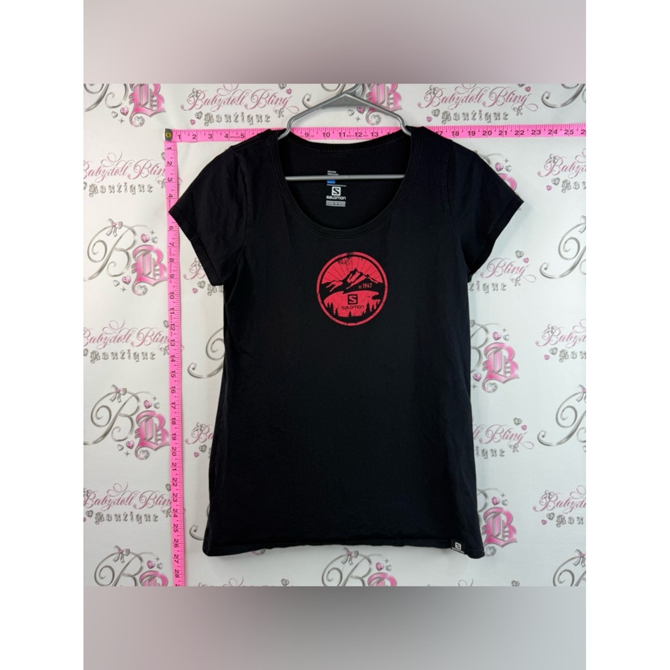 Salomon Tshirt Mountain Black Short-Sleeve Tee With Red Mountain Emblem Printed